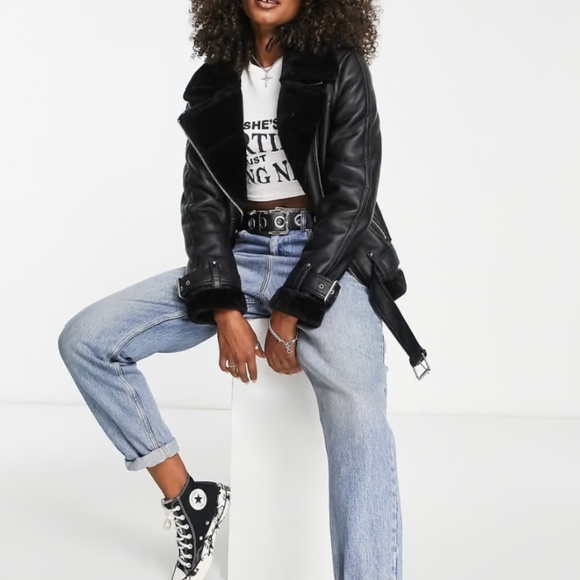 TOPSHOP oversized Aviator Biker Jacket in Jet Black - Picture 2 of 9